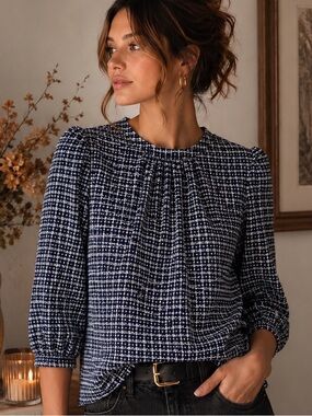 NWT VOY Navy White Tweed Textured Blouse Sequin Ruffle Cuff Top Size L